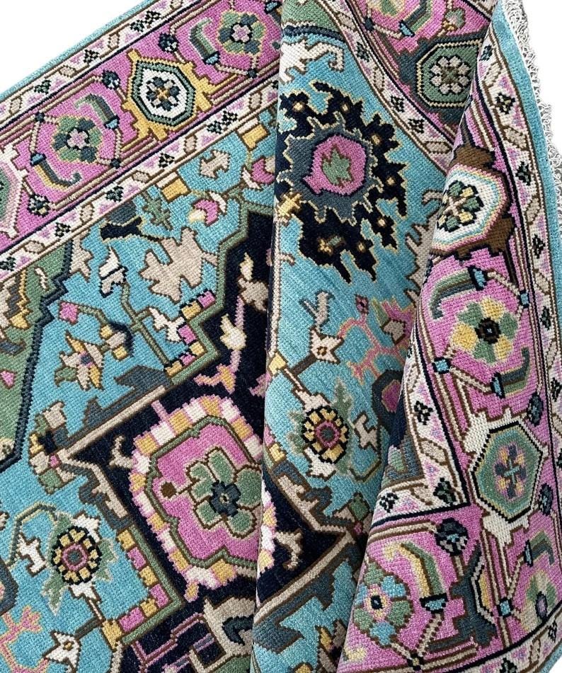 Hand-Knotted Oushak Wool Rug - Blue Turkish Floral Rug