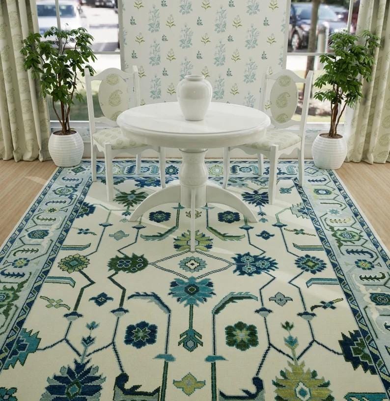 Hand-Knotted Oushak Wool Rug - Cream and Sky Blue Oriental Style