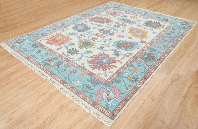 Handmade Oushak Wool Rug - Bold Floral Geometric Design
