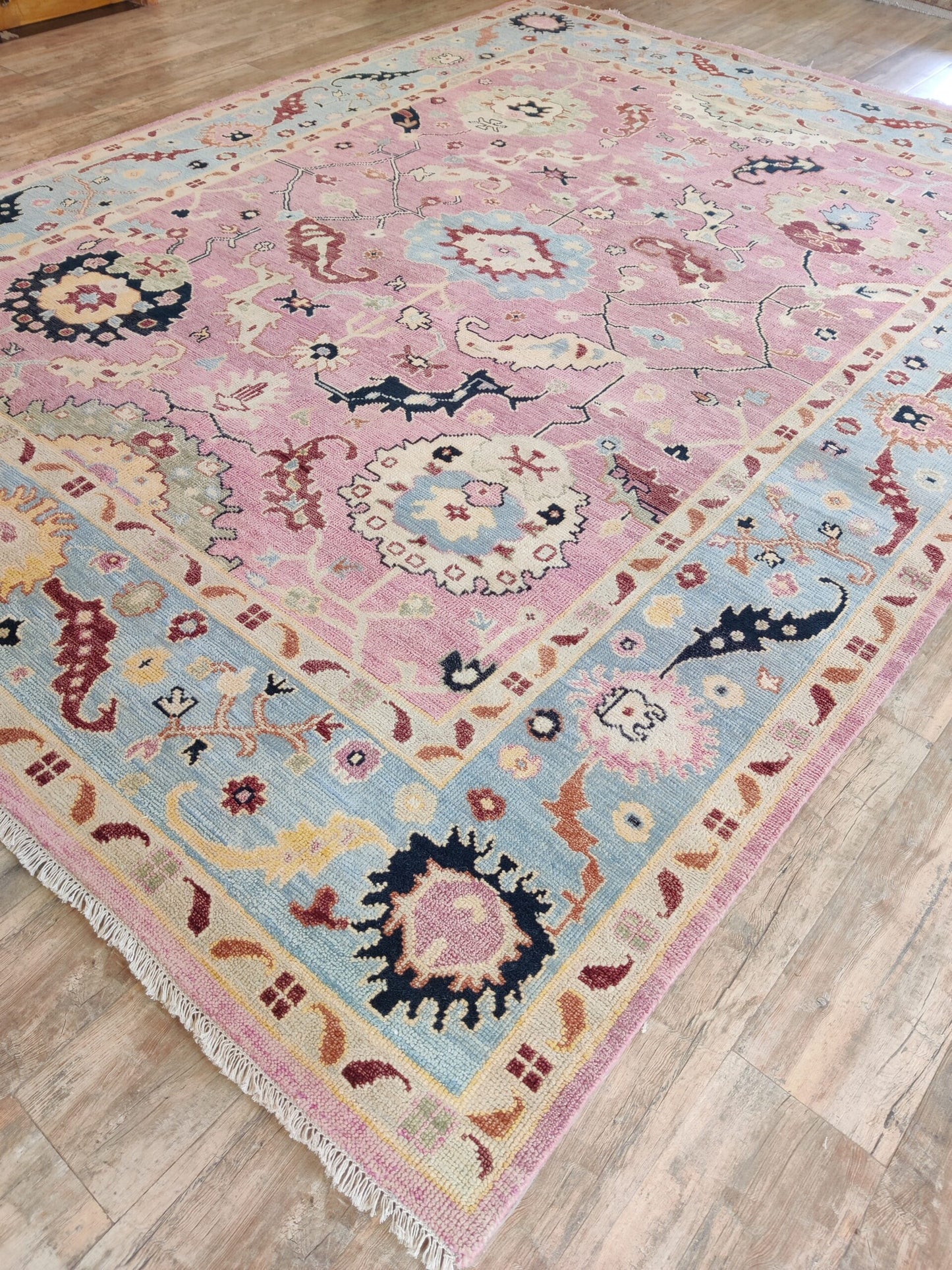 Pink and Blue Oushak Wool Area Rug