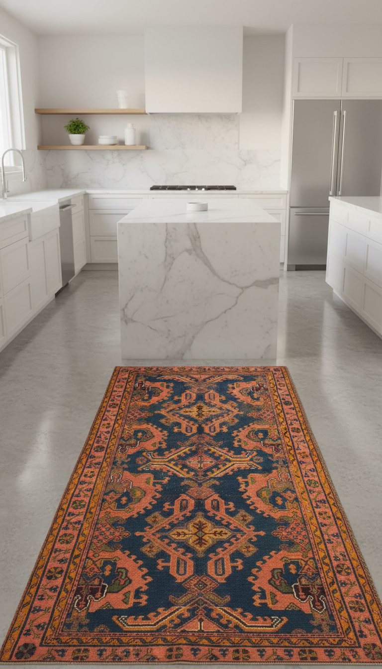Decorative rug with geometric pattern on a kitchen floor