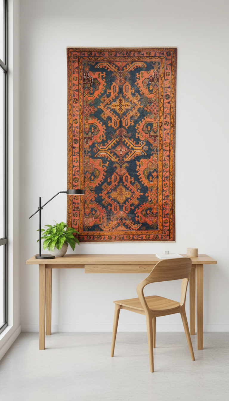 Wooden desk with chair and decorative rug in a room with large windows.