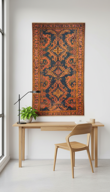 Wooden desk with chair and decorative rug in a room with large windows.