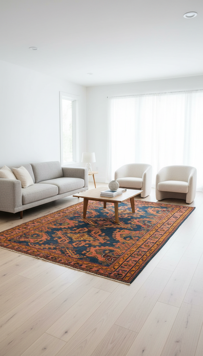 Living room with a patterned rug, sofa, coffee table, and chairs.