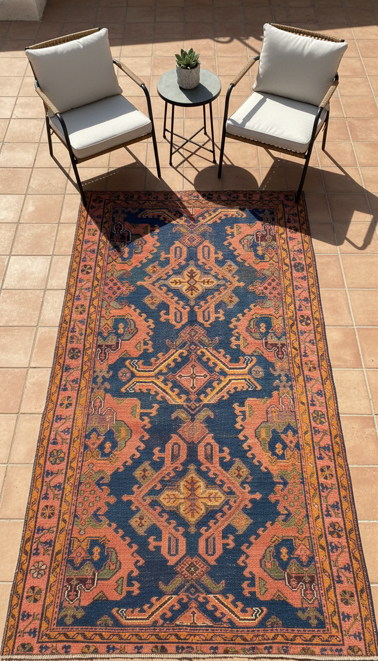 Decorative rug with geometric pattern on a tiled floor with chairs and a small table.