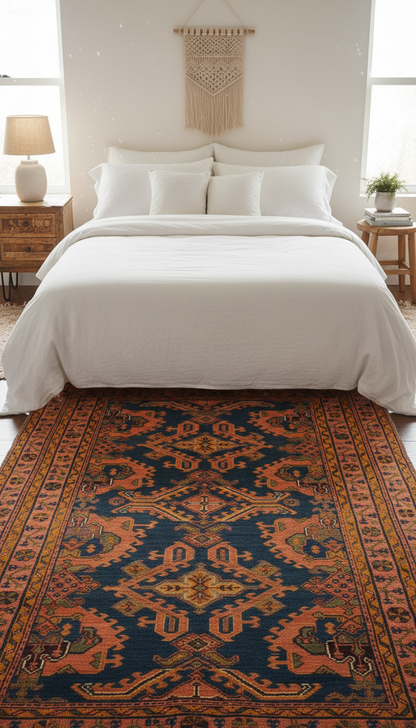 Bedroom with a patterned rug, bed, and decorative wall hanging.