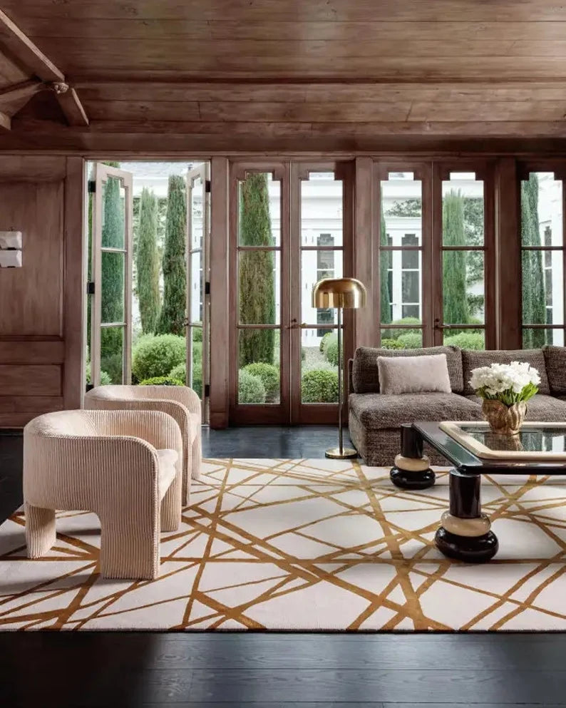 Beige and Gold Color Geomatrical Design Rug