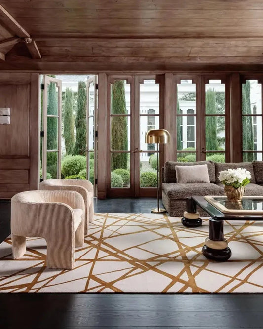 Beige and Gold Color Geomatrical Design Rug