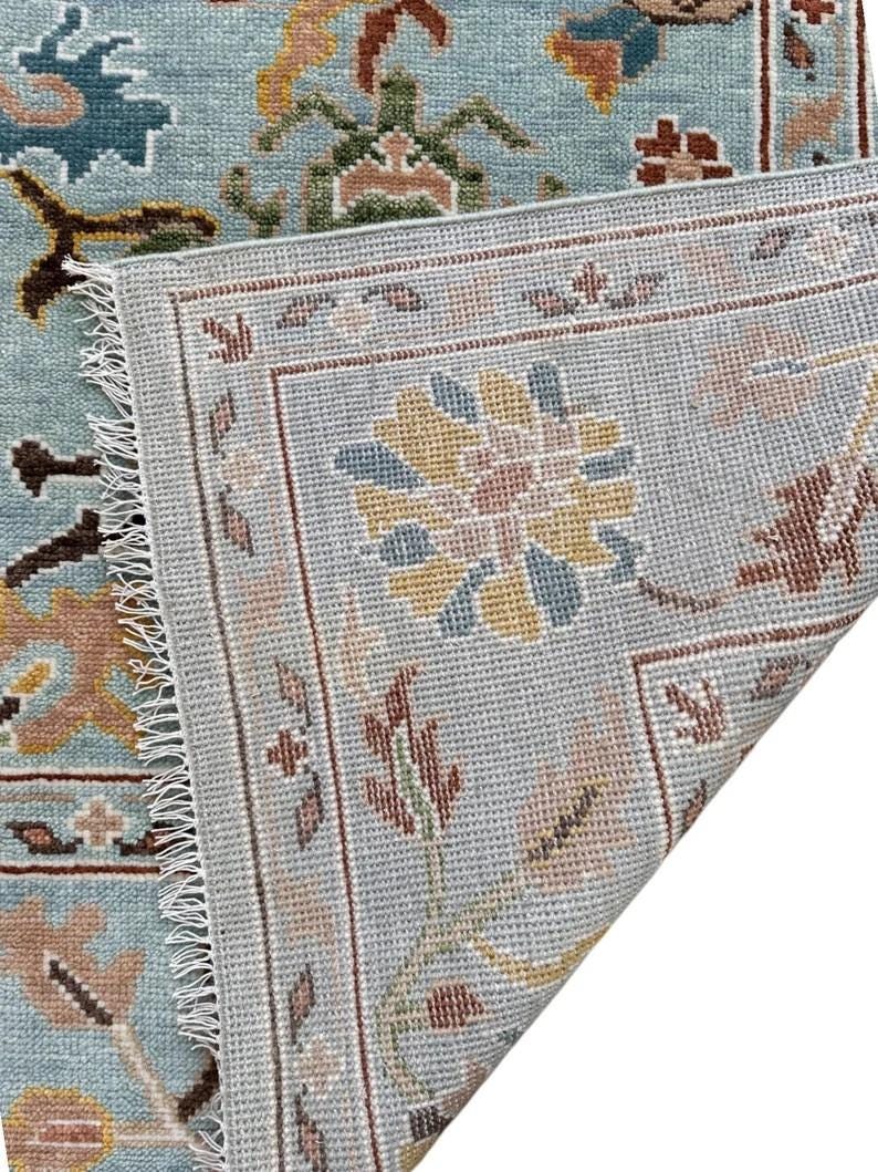Hand-Knotted Oushak Wool Rug, Light Blue Floral Design