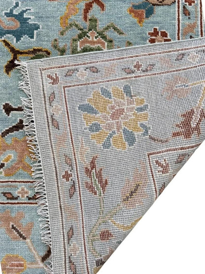 Hand-Knotted Oushak Wool Rug, Light Blue Floral Design