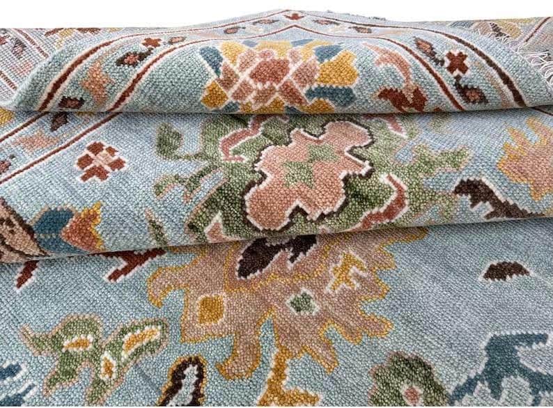 Hand-Knotted Oushak Wool Rug, Light Blue Floral Design