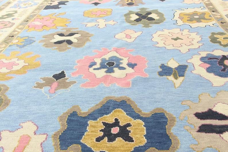 Hand-Knotted Wool Oushak Rug - Grey Floral Turkish Carpet