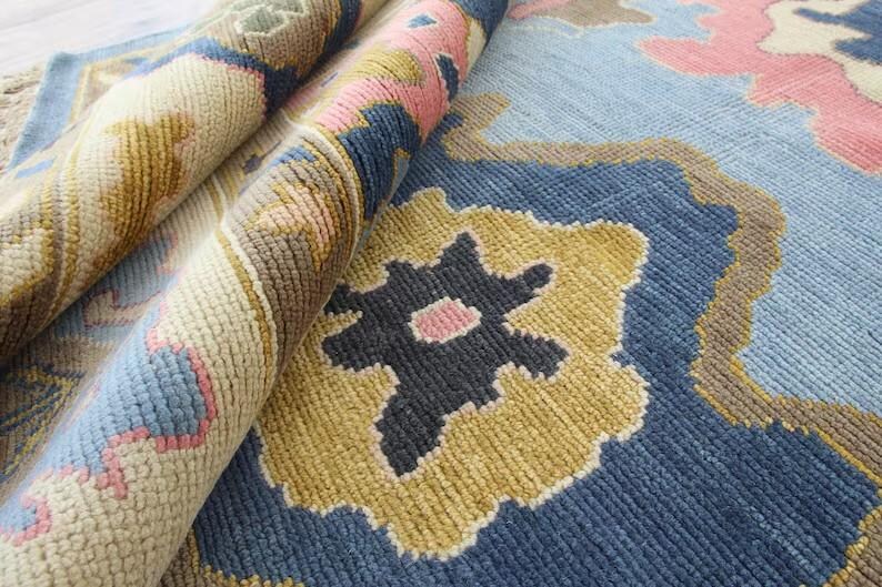 Hand-Knotted Wool Oushak Rug - Grey Floral Turkish Carpet