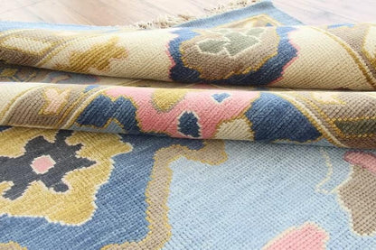 Hand-Knotted Wool Oushak Rug - Grey Floral Turkish Carpet