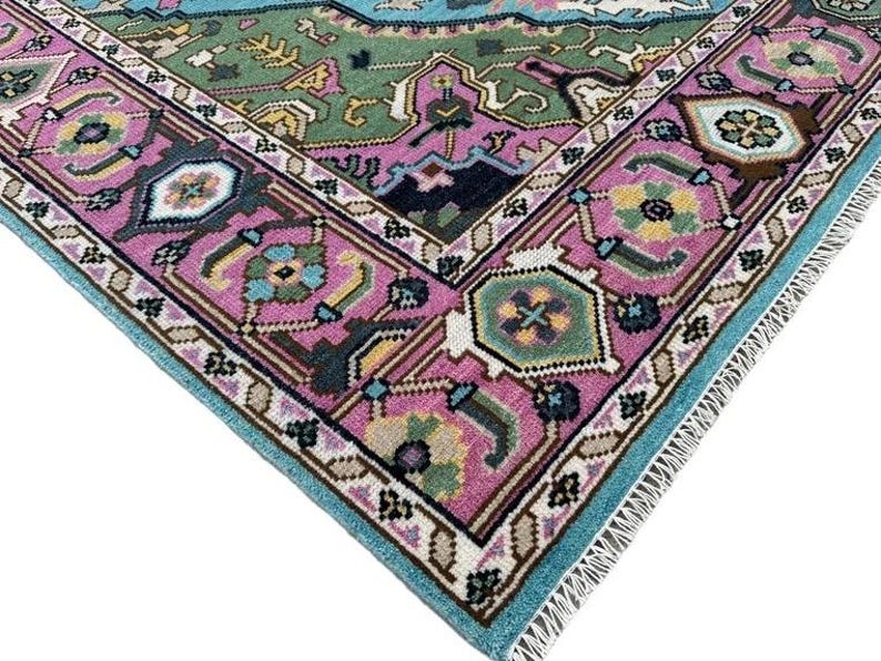 Hand-Knotted Oushak Wool Rug - Blue Turkish Floral Rug
