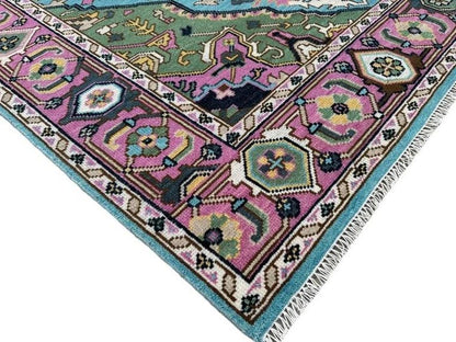 Hand-Knotted Oushak Wool Rug - Blue Turkish Floral Rug