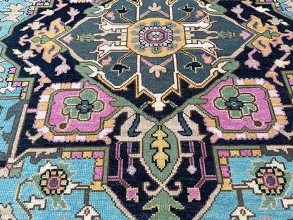 Hand-Knotted Oushak Wool Rug - Blue Turkish Floral Rug