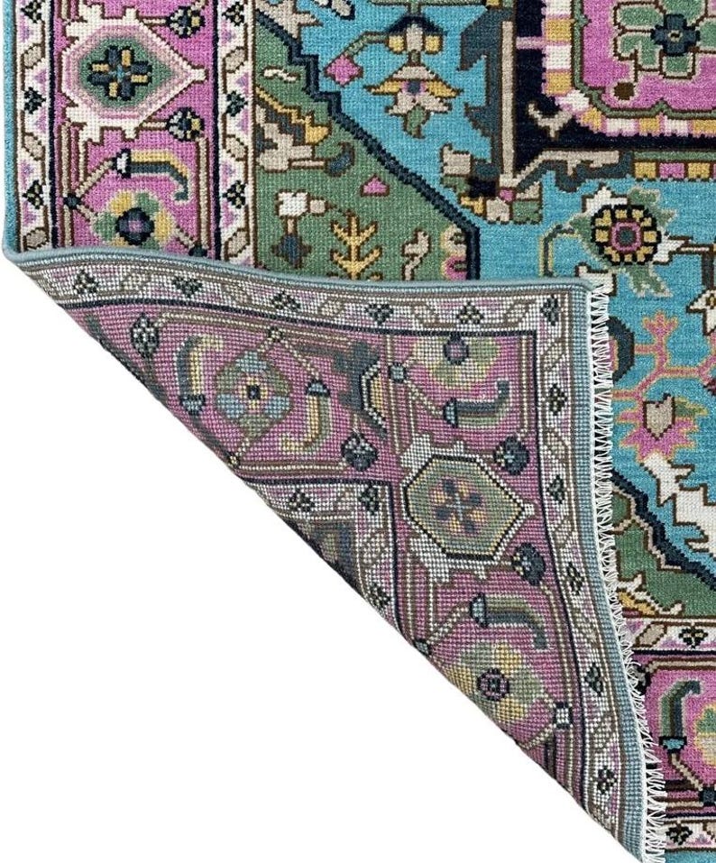 Hand-Knotted Oushak Wool Rug - Blue Turkish Floral Rug