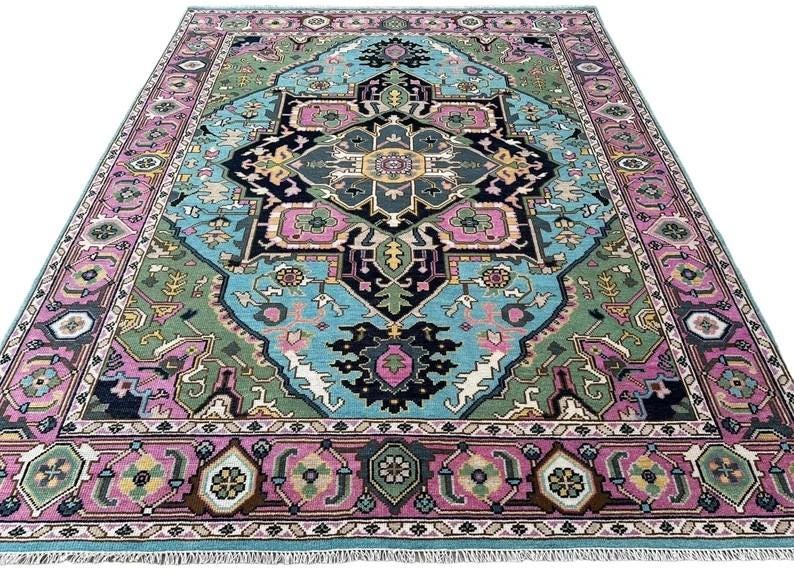 Hand-Knotted Oushak Wool Rug - Blue Turkish Floral Rug