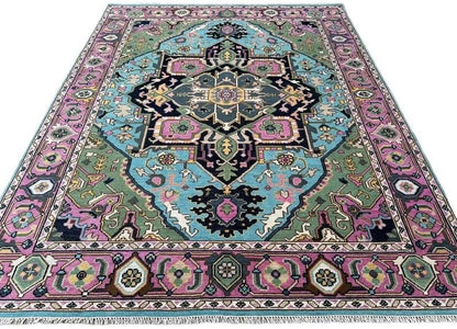 Hand-Knotted Oushak Wool Rug - Blue Turkish Floral Rug