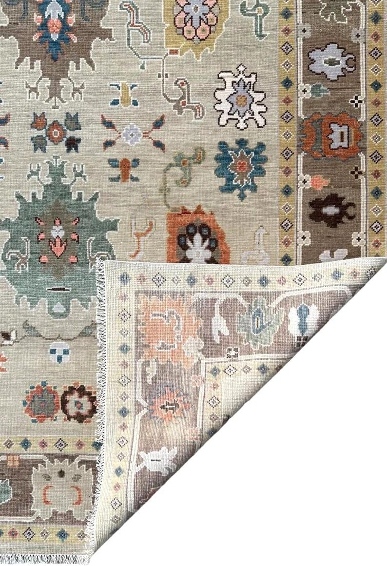Hand-Knotted Wool Oushak Rug - Grey Turkish Antique Style