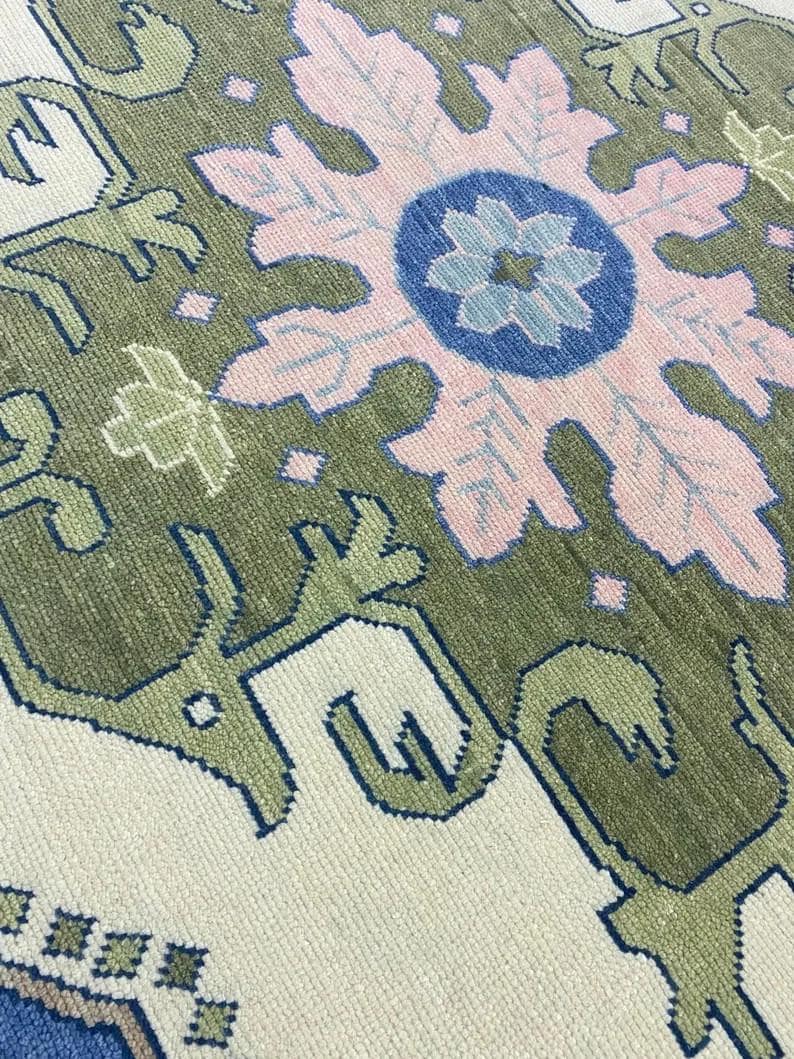 Blue Oushak Rug: Hand-Knotted Wool & Cotton Turkish Rug