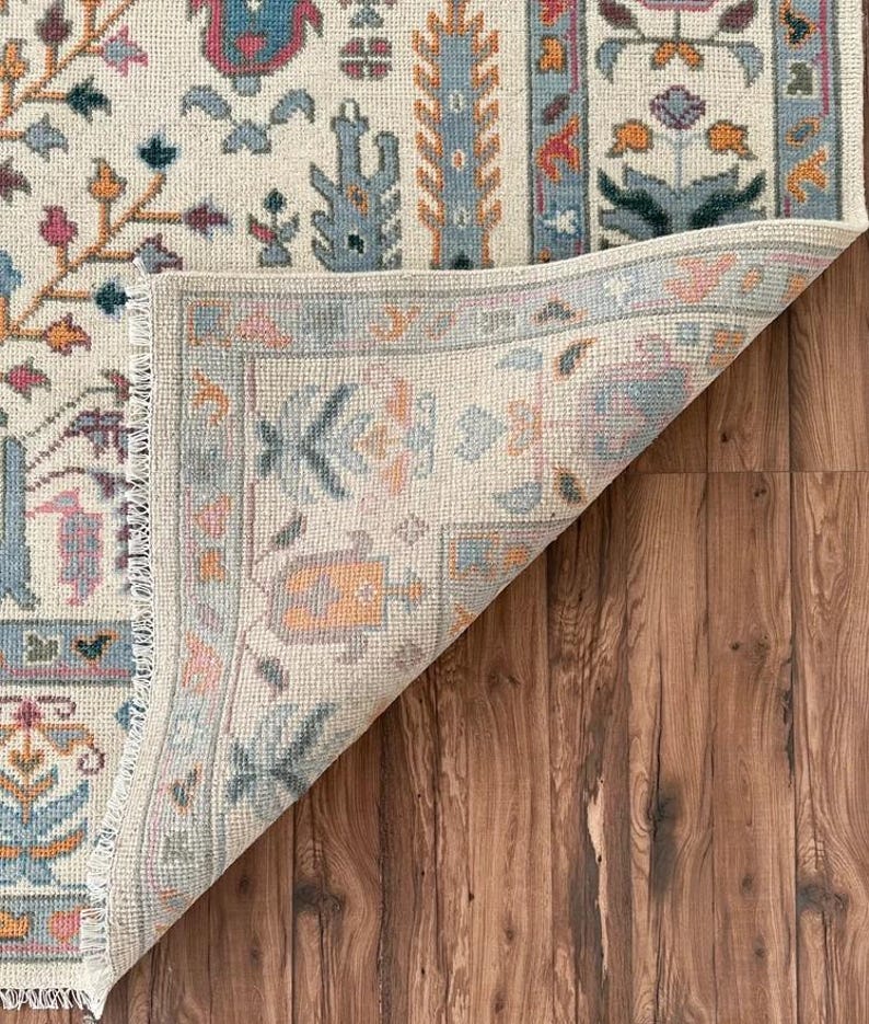 Hand-Knotted Wool Oushak Rug - Tree of Life Design, Ivory Cream