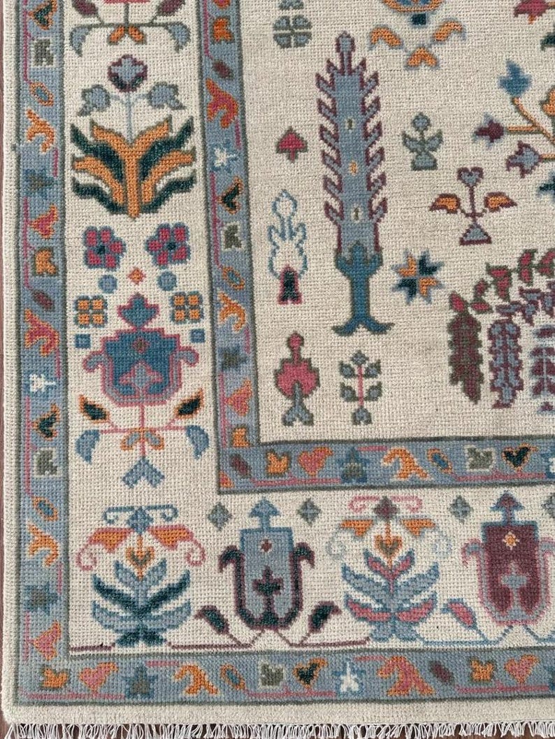 Hand-Knotted Wool Oushak Rug - Tree of Life Design, Ivory Cream