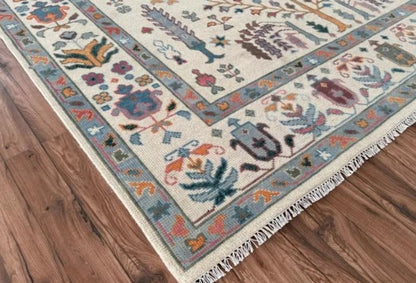 Hand-Knotted Wool Oushak Rug - Tree of Life Design, Ivory Cream