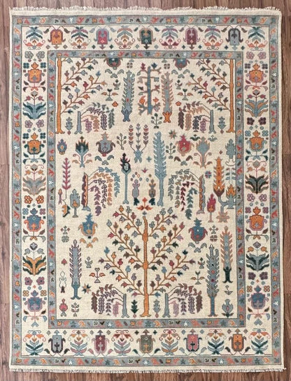 Hand-Knotted Wool Oushak Rug - Tree of Life Design, Ivory Cream