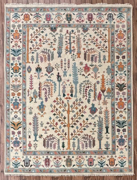 Hand-Knotted Wool Oushak Rug - Tree of Life Design, Ivory Cream