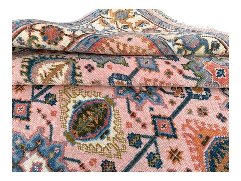 Hand Knotted Pink Oushak Rug - Handmade Turkish Wool Geometric Carpet