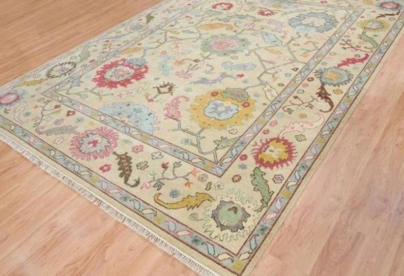Beige Oushak Rug: Hand-Knotted Turkish Wool Rug