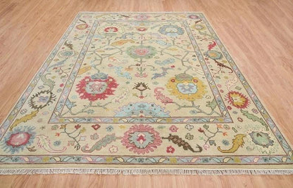 Beige Oushak Rug: Hand-Knotted Turkish Wool Rug