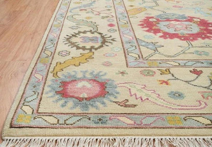 Beige Oushak Rug: Hand-Knotted Turkish Wool Rug