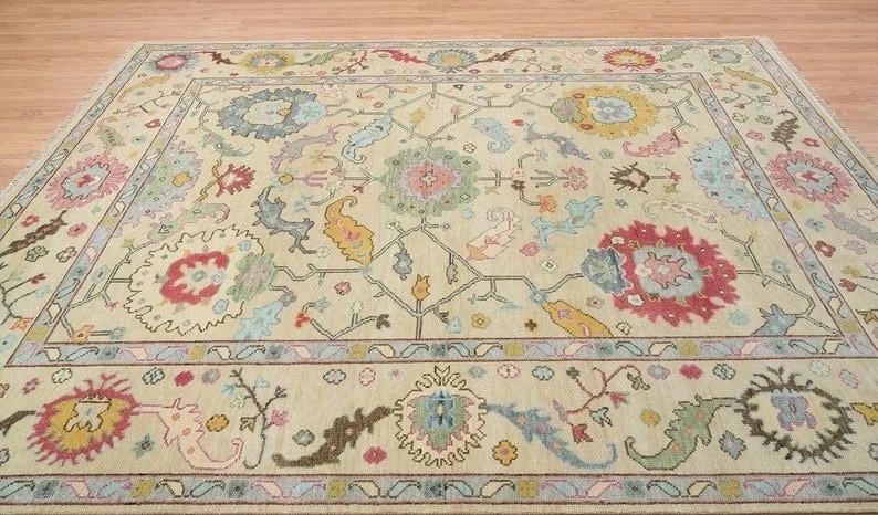 Beige Oushak Rug: Hand-Knotted Turkish Wool Rug