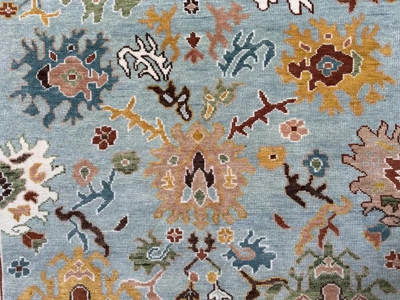 Hand-Knotted Oushak Wool Rug, Light Blue Floral Design