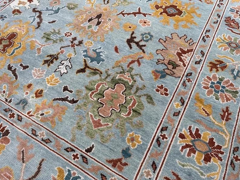 Hand-Knotted Oushak Wool Rug, Light Blue Floral Design