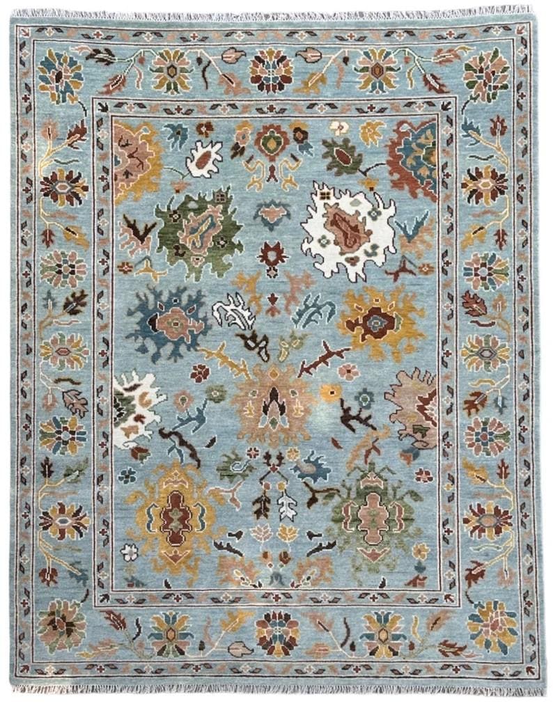 Hand-Knotted Oushak Wool Rug, Light Blue Floral Design