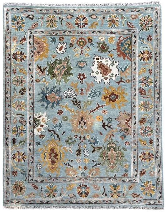 Hand-Knotted Oushak Wool Rug, Light Blue Floral Design