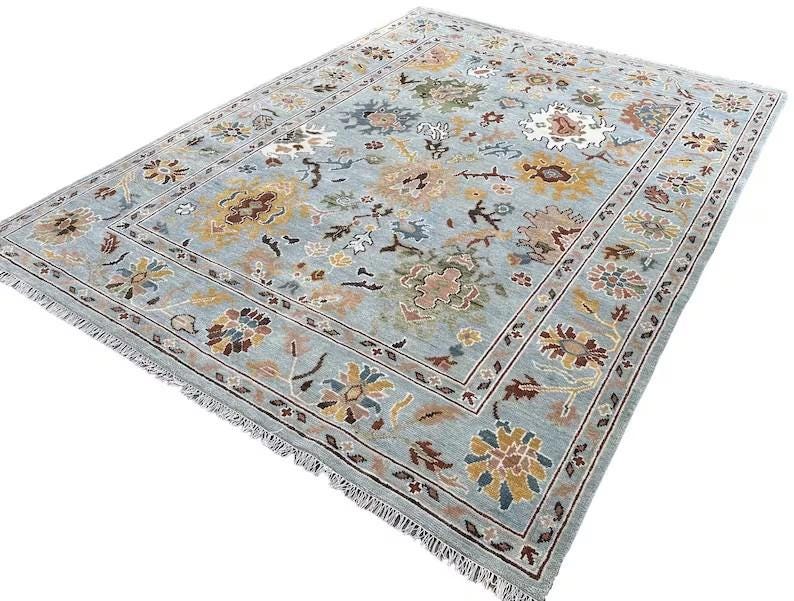 Hand-Knotted Oushak Wool Rug, Light Blue Floral Design