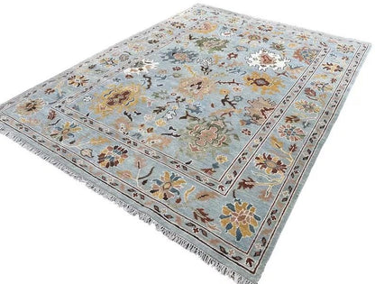 Hand-Knotted Oushak Wool Rug, Light Blue Floral Design