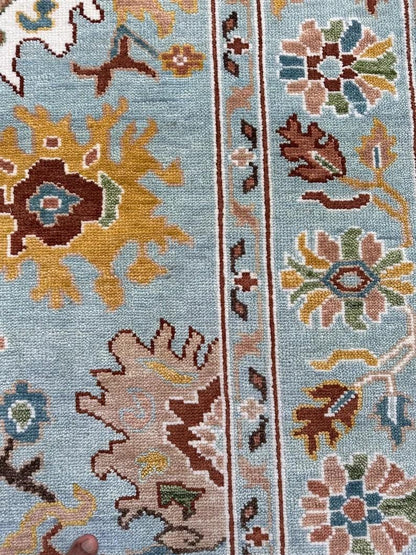 Hand-Knotted Oushak Wool Rug, Light Blue Floral Design