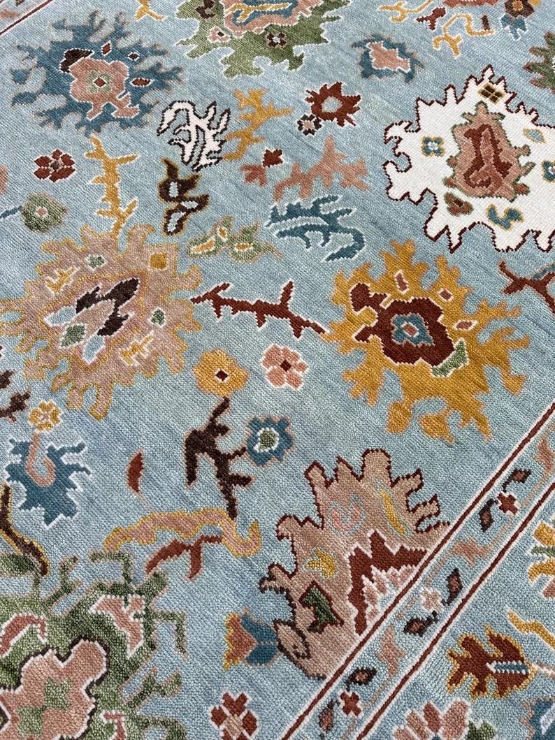 Hand-Knotted Oushak Wool Rug, Light Blue Floral Design