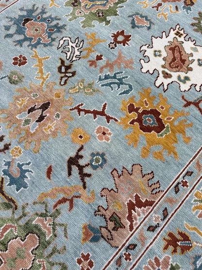Hand-Knotted Oushak Wool Rug, Light Blue Floral Design
