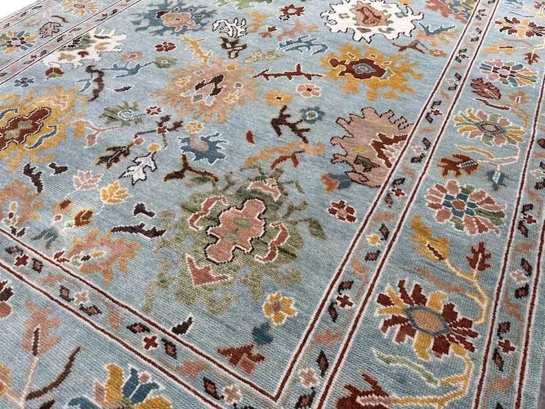 Hand-Knotted Oushak Wool Rug, Light Blue Floral Design