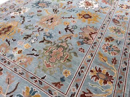 Hand-Knotted Oushak Wool Rug, Light Blue Floral Design