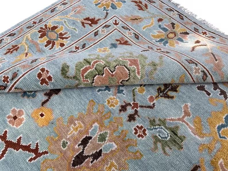 Hand-Knotted Oushak Wool Rug, Light Blue Floral Design