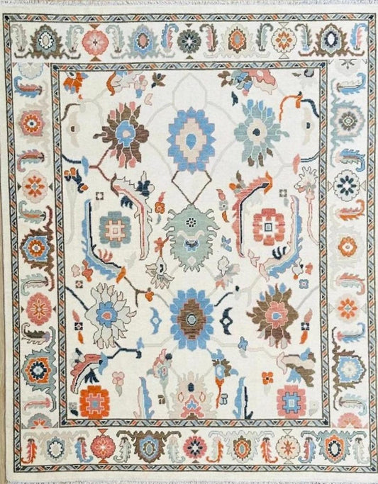 Hand-Knotted Ivory Oushak Rug: Pastel Floral Wool Carpet