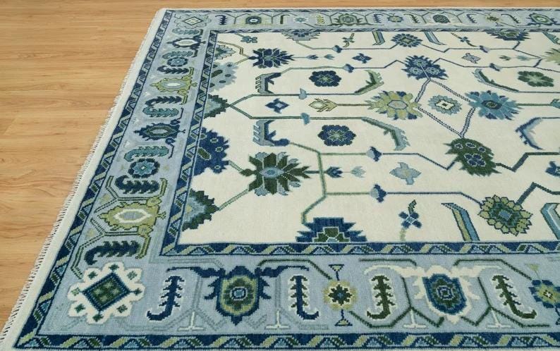 Hand-Knotted Oushak Wool Rug - Cream and Sky Blue Oriental Style